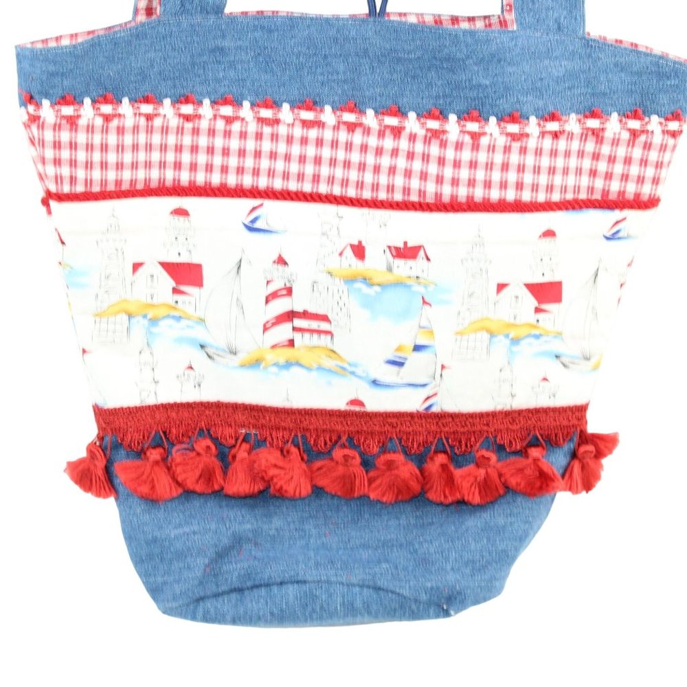 Handcrafted Handsewn Lighthouse Plaid Denim Embellished Lined Shoulder Purse Bag - Picture 4 of 16